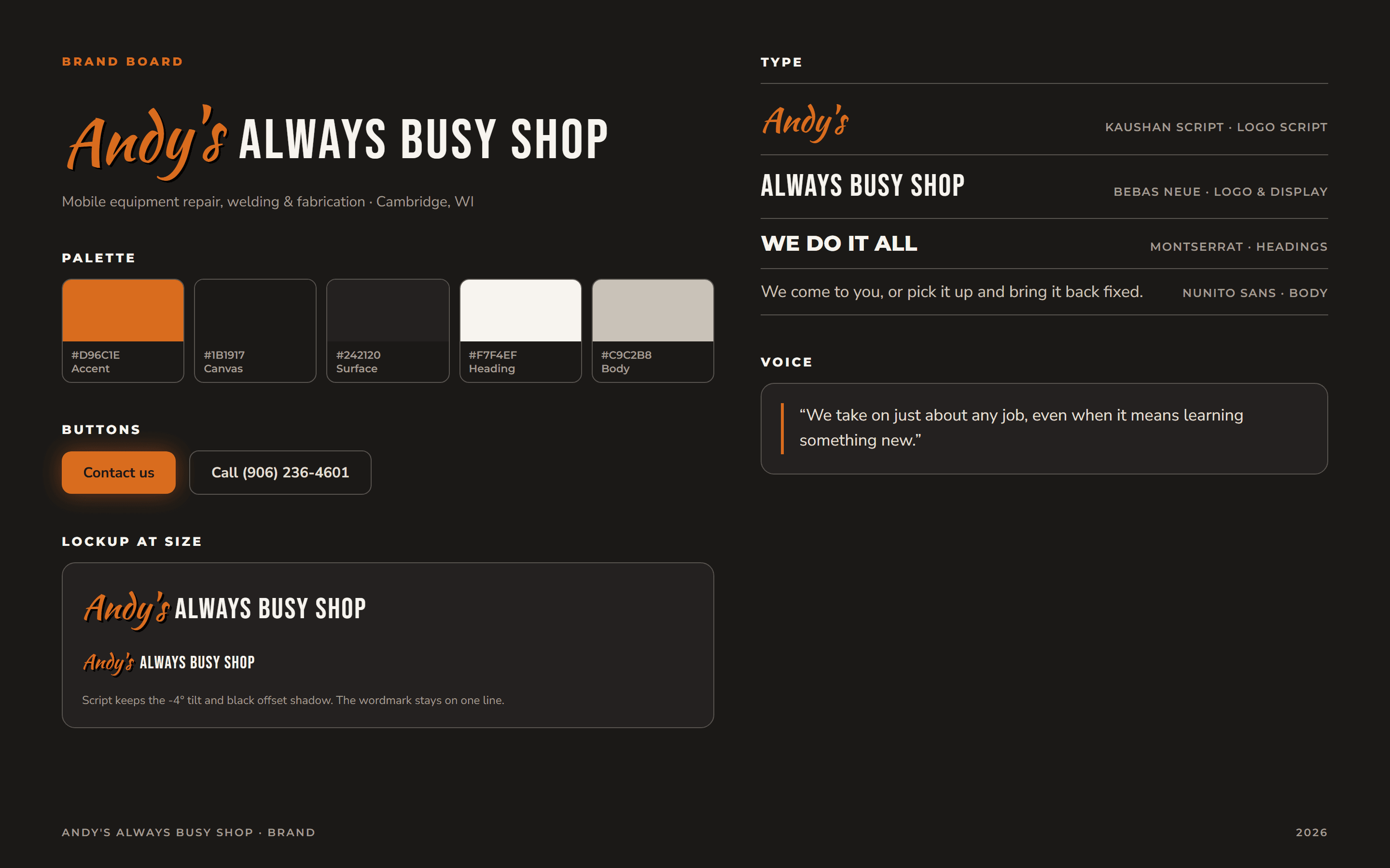 The Always Busy Shop brand board: the Andy's script and block logo, the orange and charcoal palette, the type pairing, and the button styles