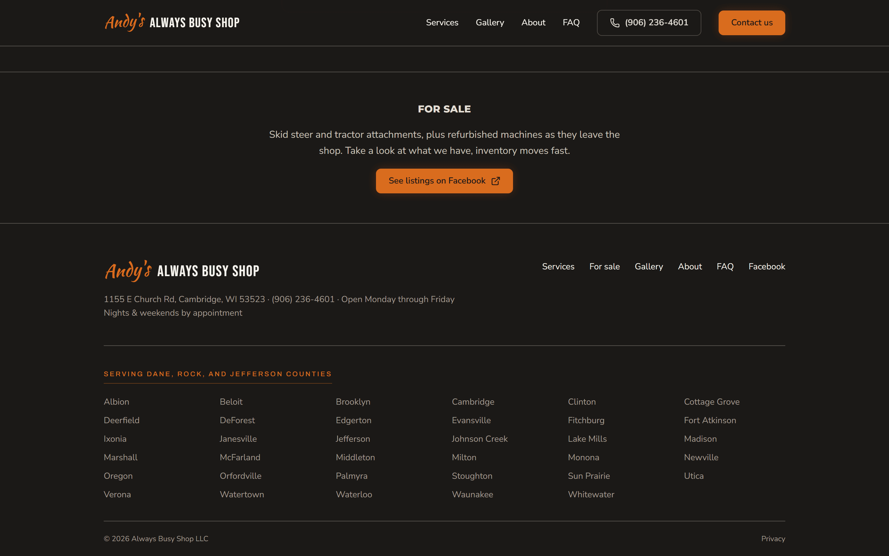 The Always Busy Shop footer, naming the 30+ towns in the Dane, Rock, and Jefferson county coverage area