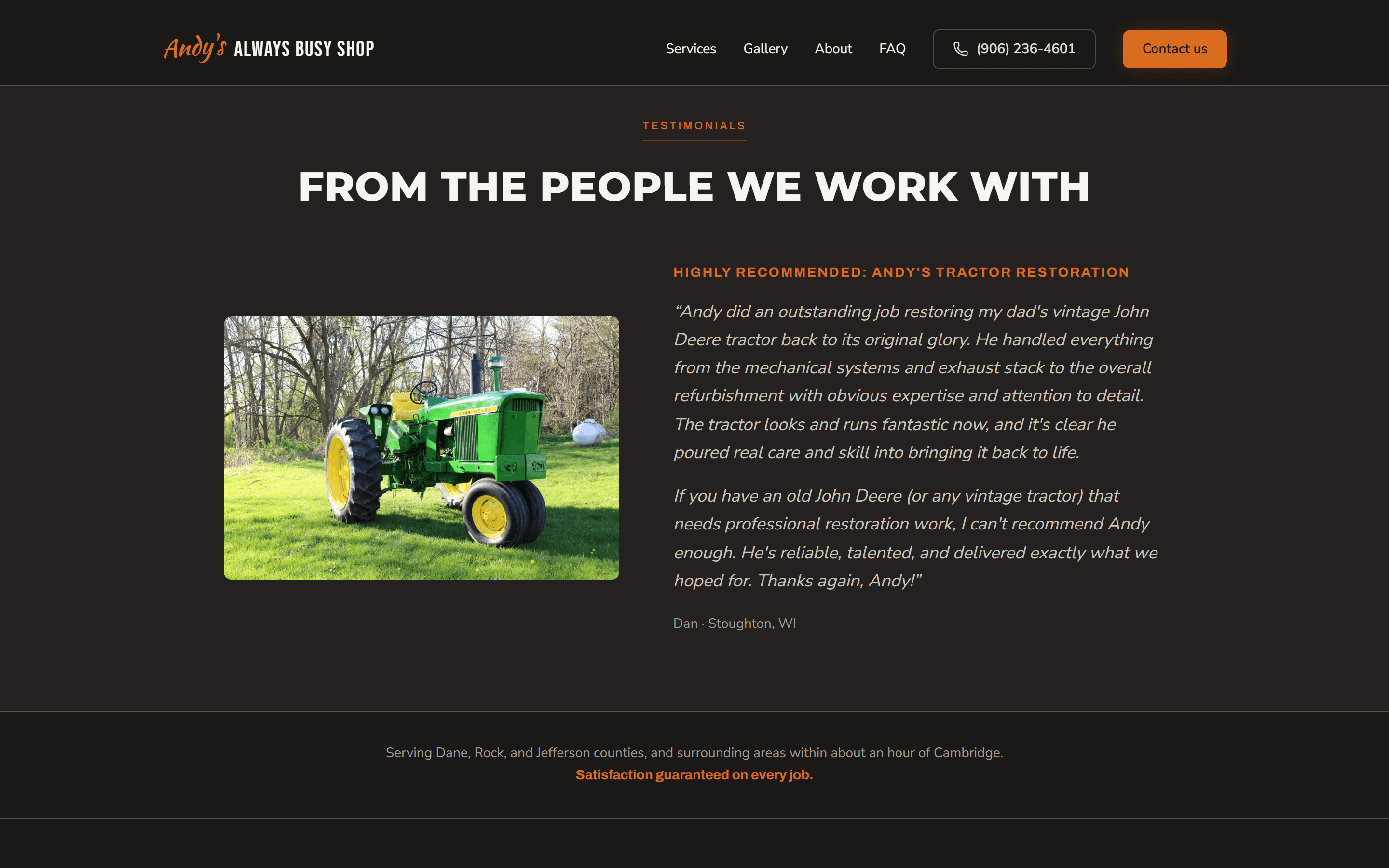 The Always Busy Shop testimonials section, with a customer review of a John Deere tractor restoration