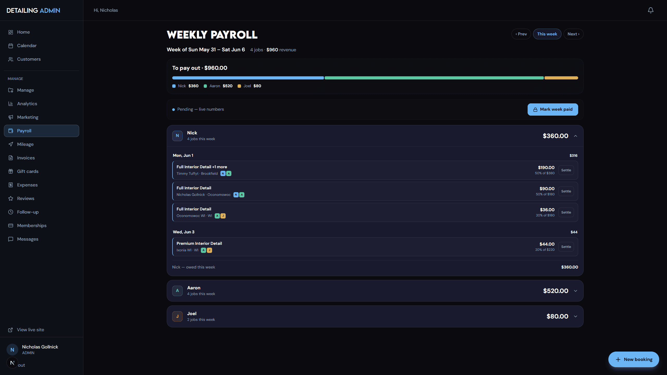 The weekly payroll view, splitting each job's pay across the crew members who worked it