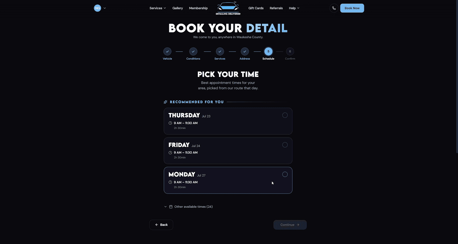 The schedule step in the booking flow, showing the top recommended appointment times for the customer's address