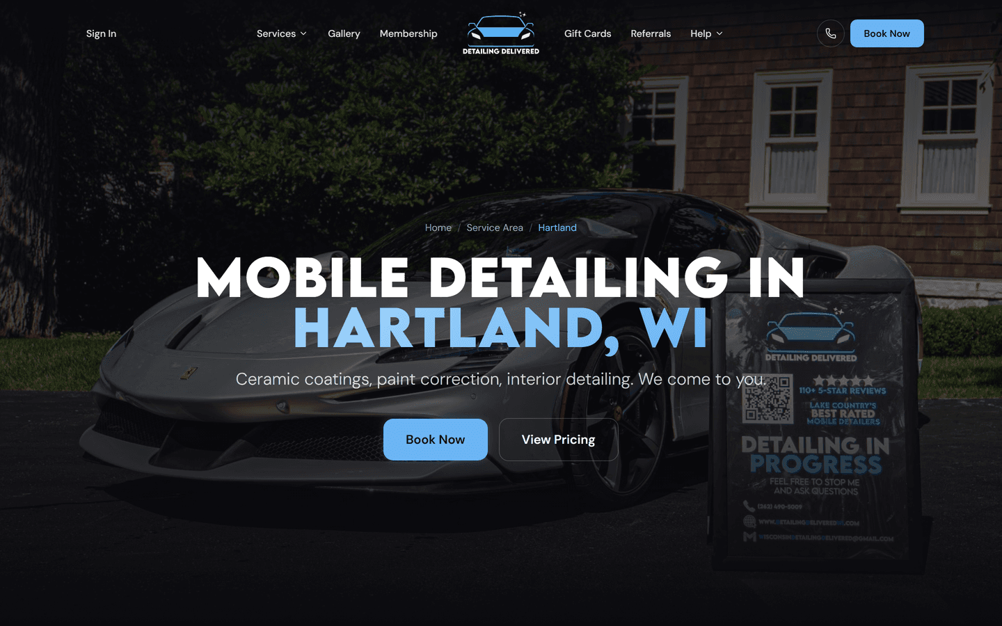 The Hartland landing page, headlined mobile detailing in Hartland, WI